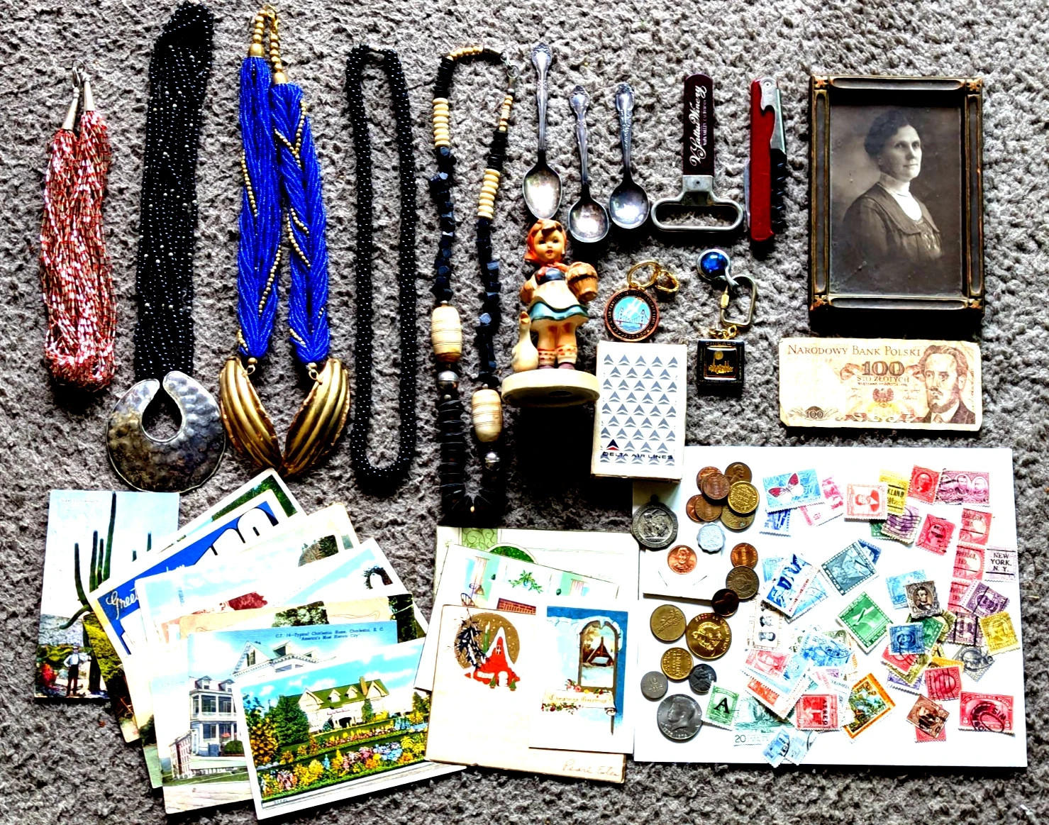 Vintage Junk Drawer Lot. – Stamps . Coins, Tokens. Postcards, Jewelry.