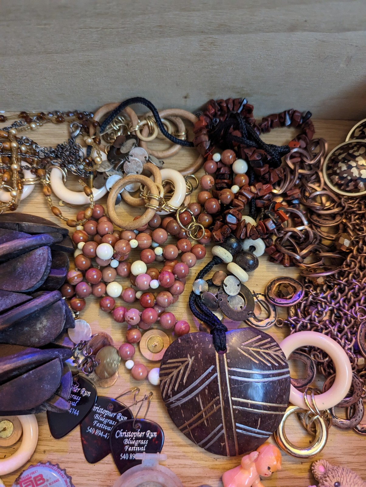 Junk drawer lot Vintage SODA LIDS unidentified BROWN BEIGE TAN JEWELRY mini toys