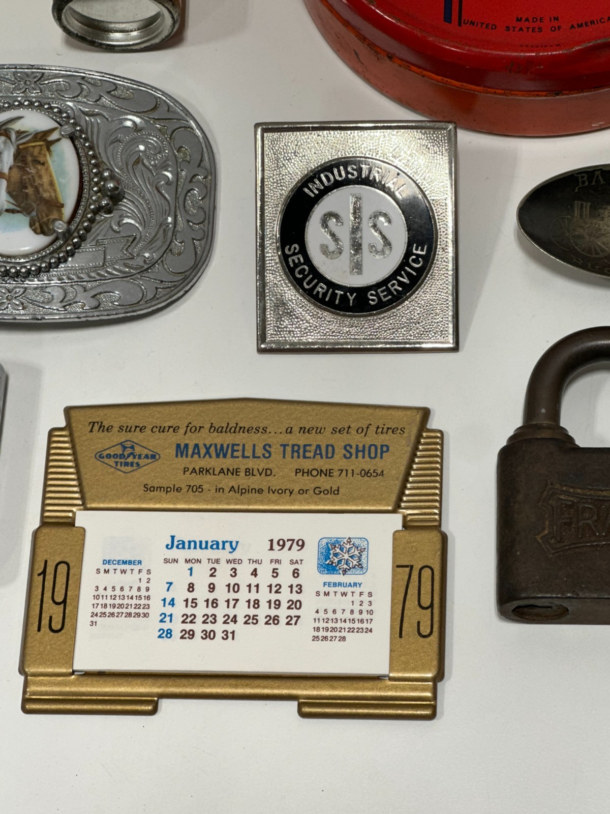 Vtg Advertising junk drawer lot lighters tins buckle badge zippo collectible