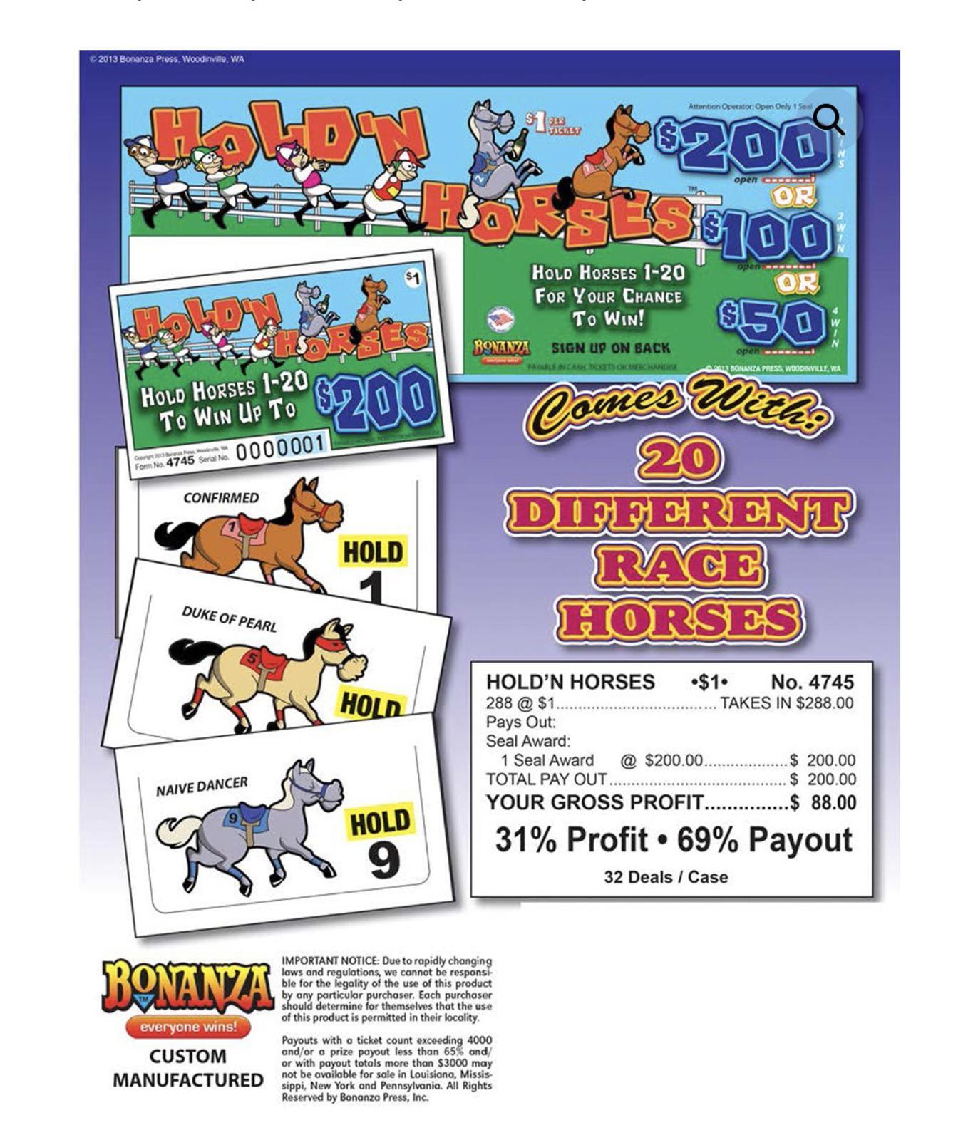 Pull Tab – Hard Card – Game – Hold’n Horses 200 – 288 ct