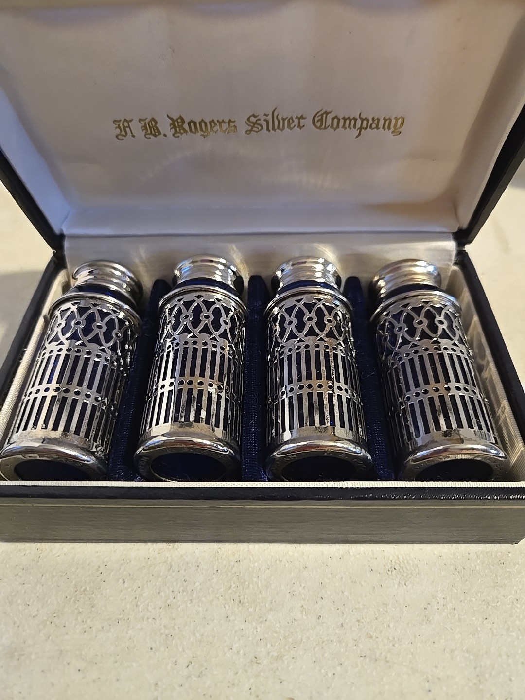 F.B. Rogers Silver Company Silver Plated Case & Lids Glass Salt & Pepper Shakers