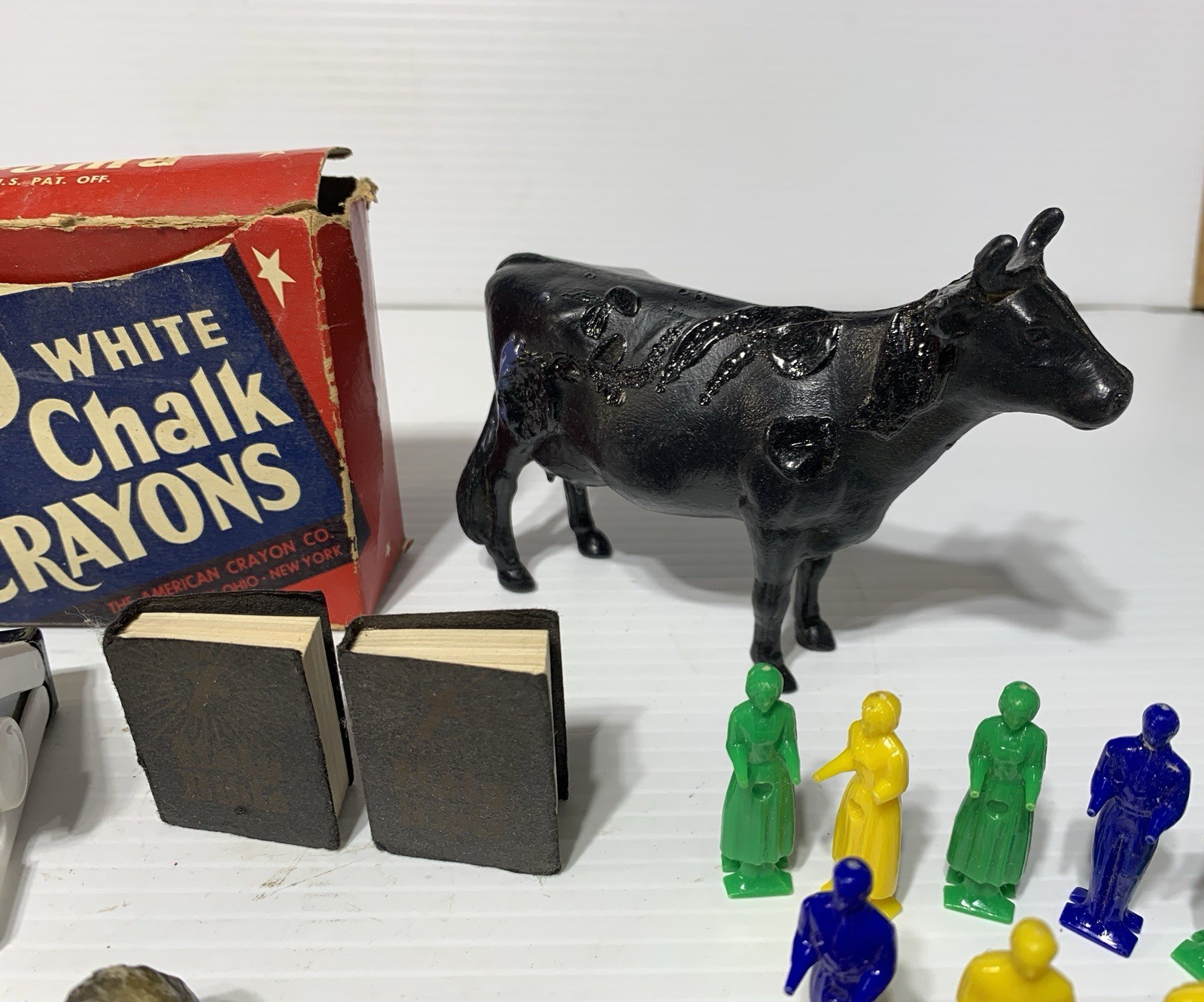 Vintage Junk Drawer Toy Lot 60’s 70’s Chalk Crayons Dice Plastic Rocks Figures +