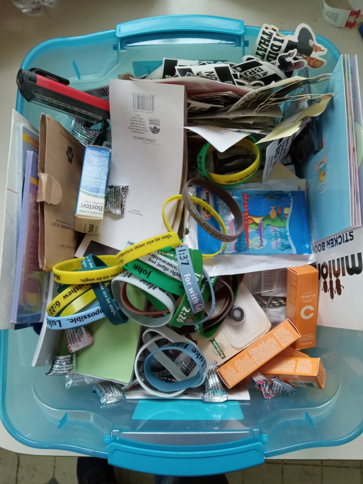 Lot Of Various Small Misc. Junk Drawer Items Box-6in X 6in X 6in SEE DESCRIPTION