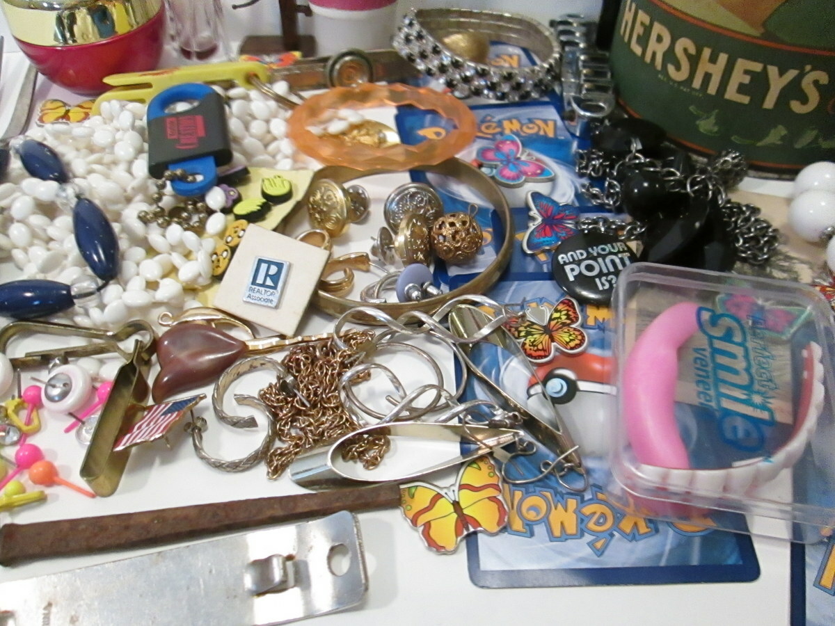 Vintage to Now Junk Drawer Lot Jewelry Pokemon Japan Tin Canister Pins etc