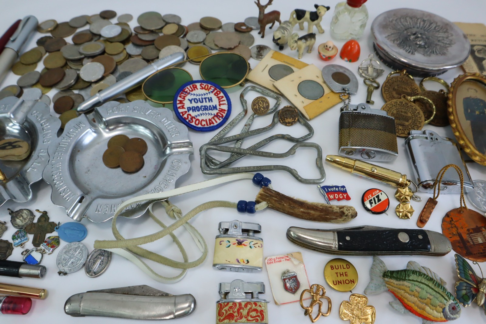 Vintage Junk Drawer Lot Estate Smalls Coins Lighters Knives Pens Ephemera Mixed