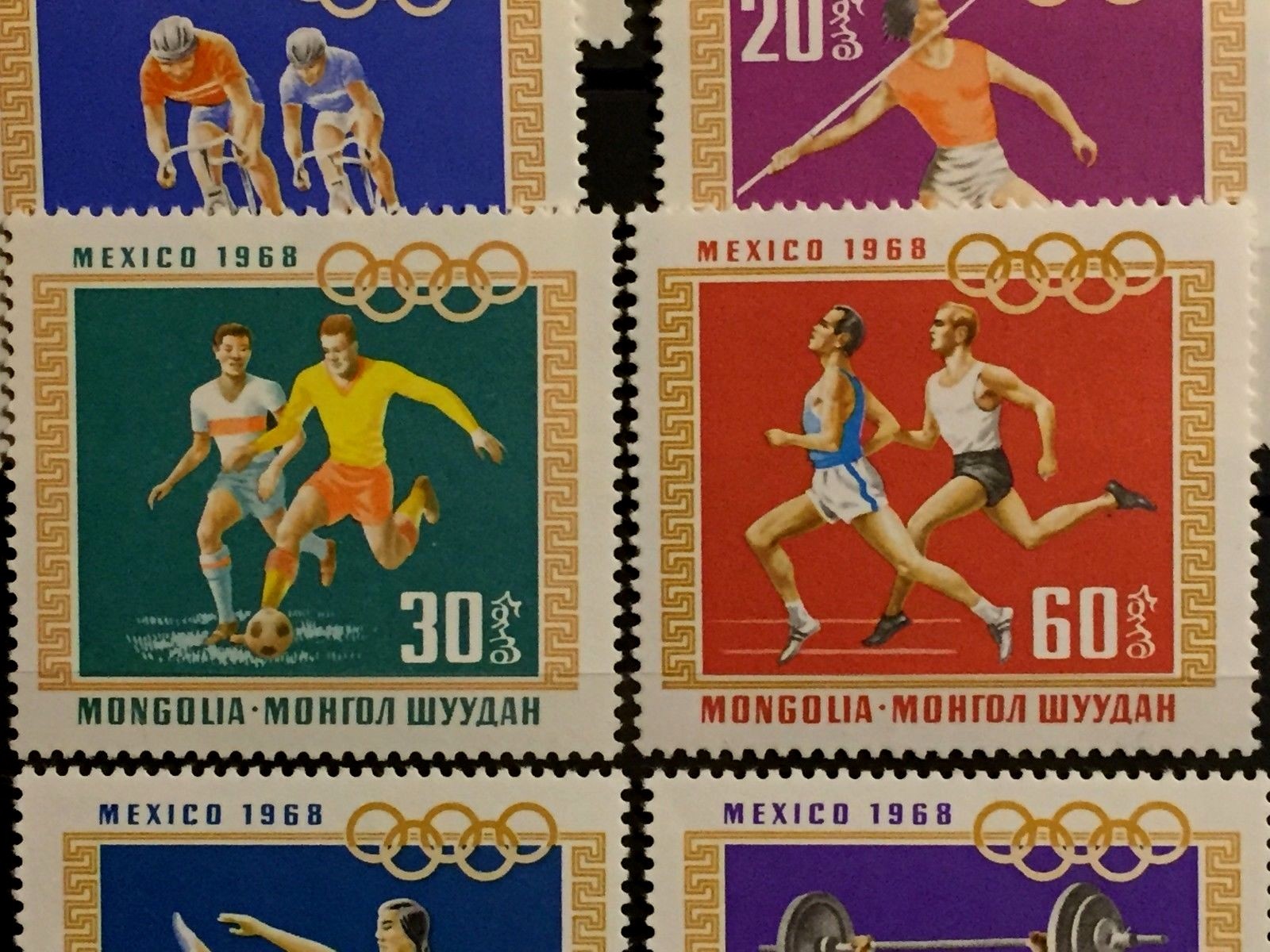 Vintage1968 ORIGINAL 2 Blocks & 8 Post Stamps Mongolia XIX Olympic Games Mexico