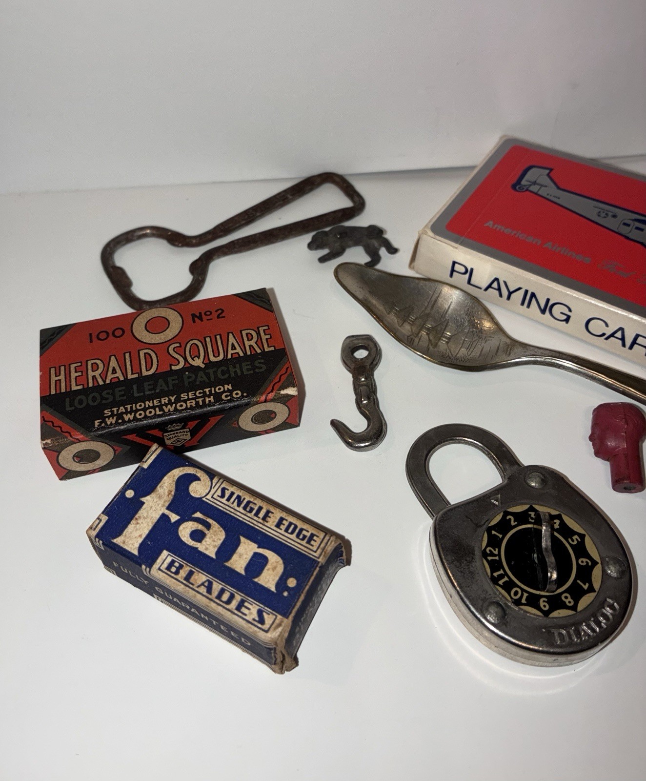 Vintage Mixed Grab Bag Junk Drawer Lot.. Can Opener, Cards, Spoon, Lock..etc