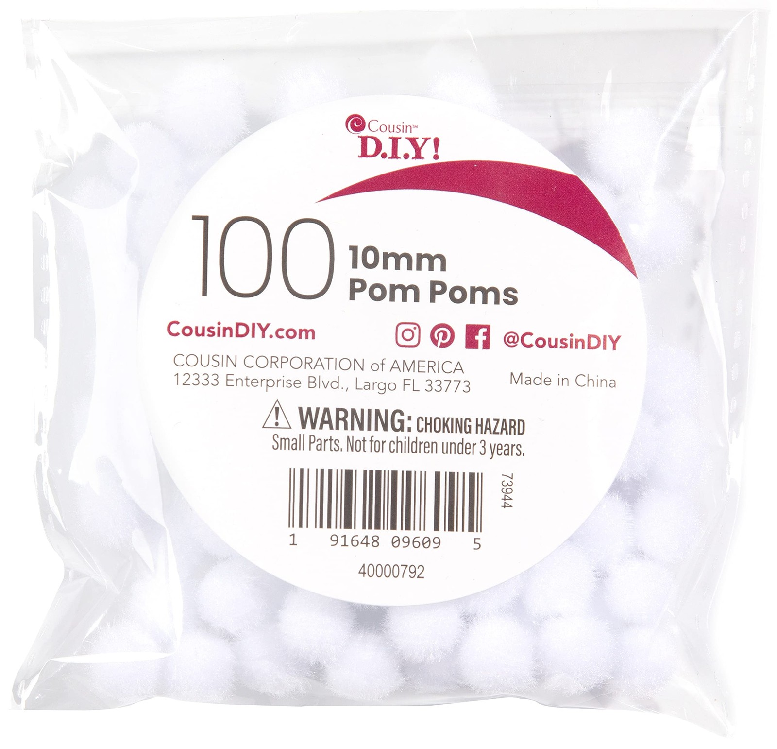 Cousin DIY White 10mm Poms, 100 Pack