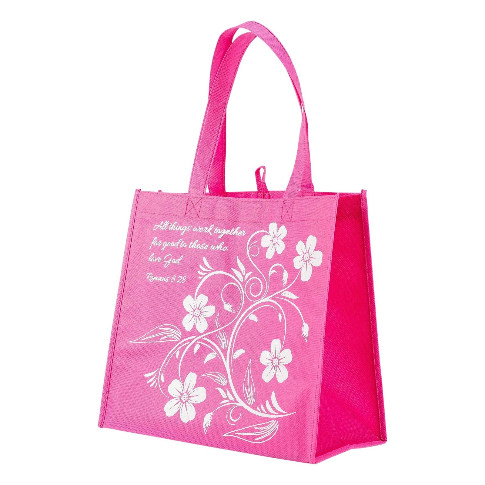 Work All Things Good Romans 8:28 Pink Reusable 12″x12 Eco Tote Divinity Boutique
