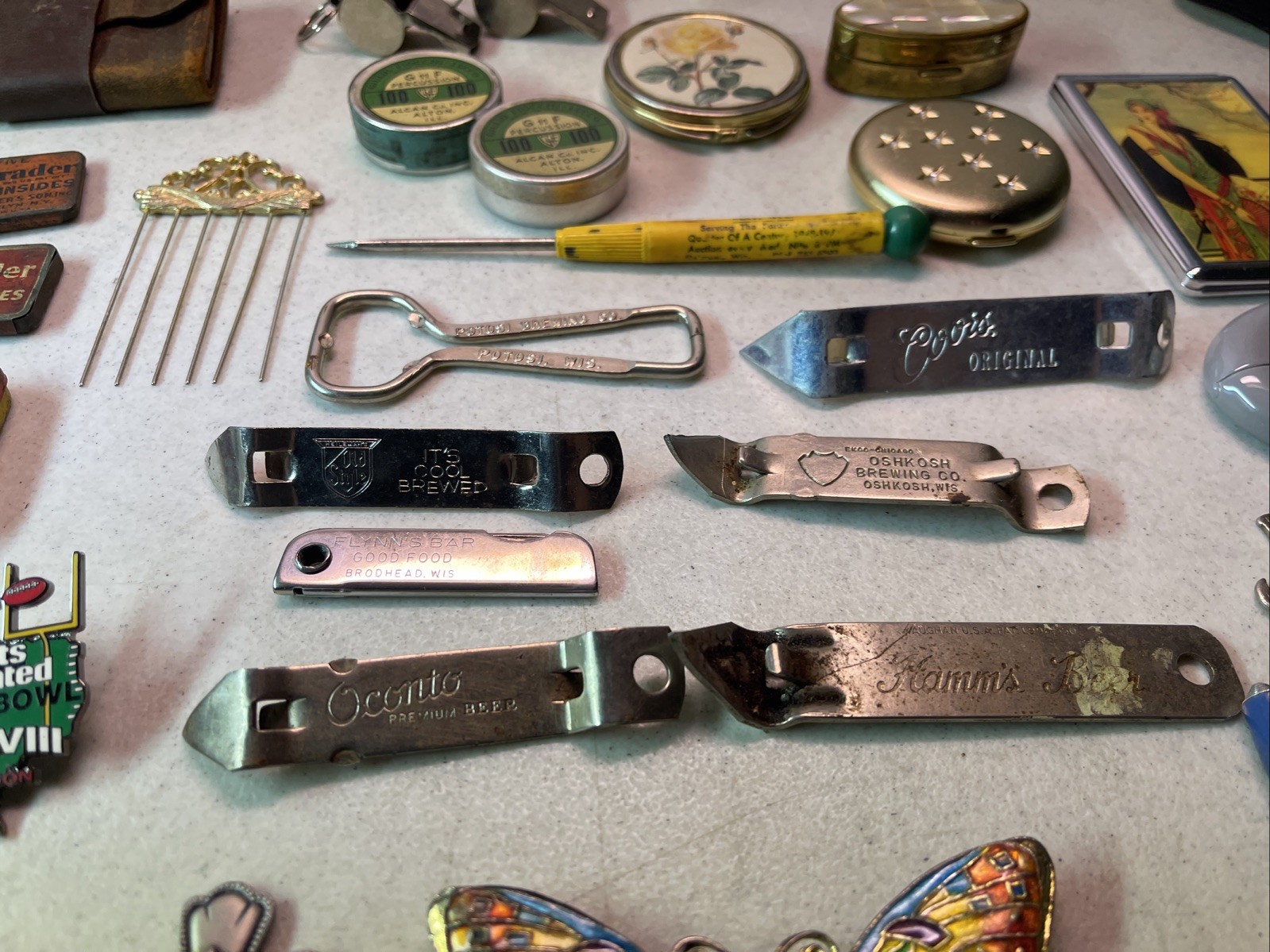 VINTAGE JUNK DRAWER LOT KNIVES, HARMONICA JEWELRY ADVERTISING SCOUTS WHEAT PENNY