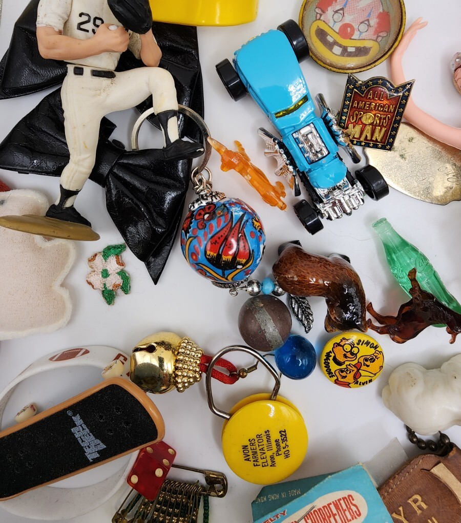 Vintage Antique Junk Drawer Lot Toys Keychain Pin Figurines Mixed Materials