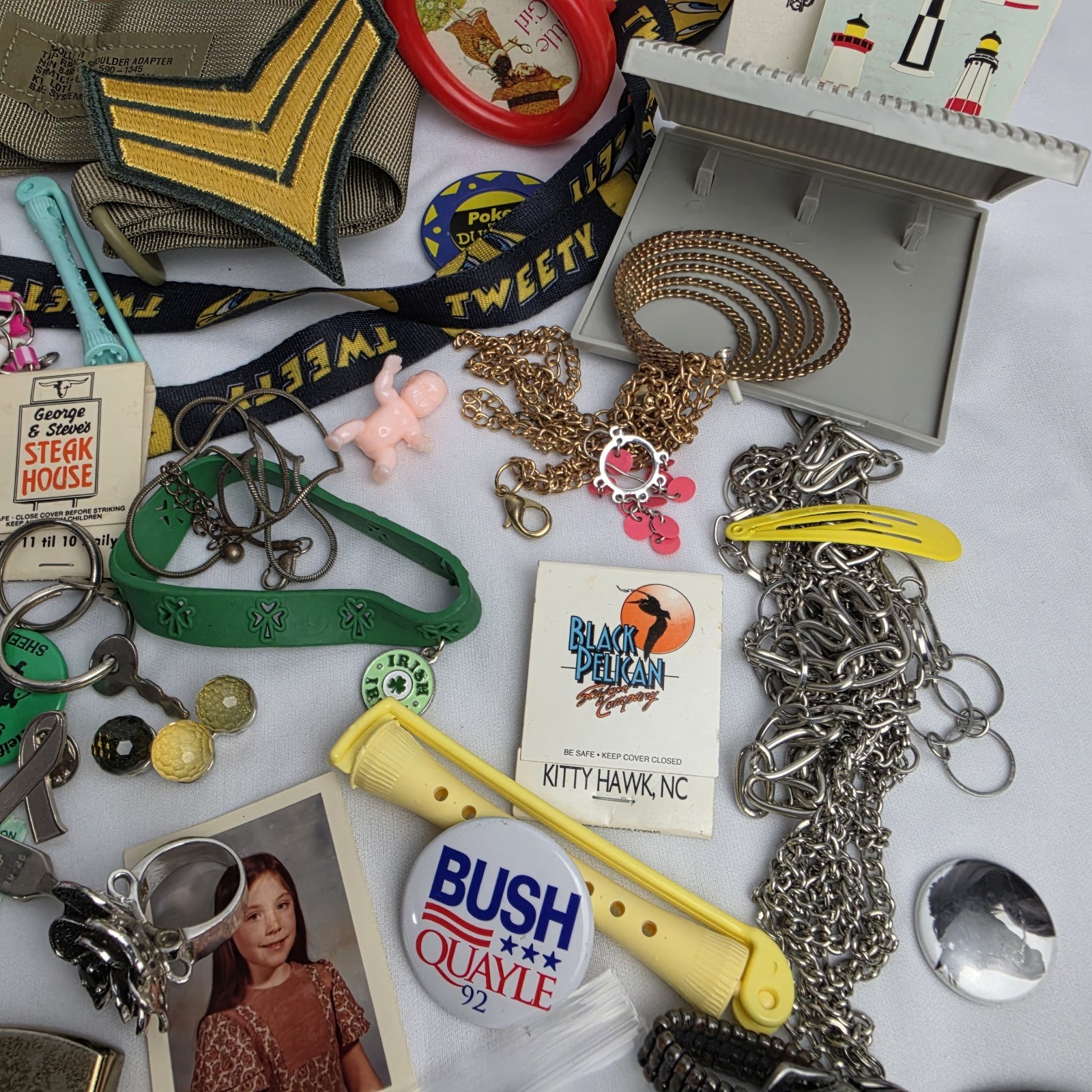 Junk Drawer Lot Toys Pins Stamps Military Coin Trinket Jewelry Patches Vintage