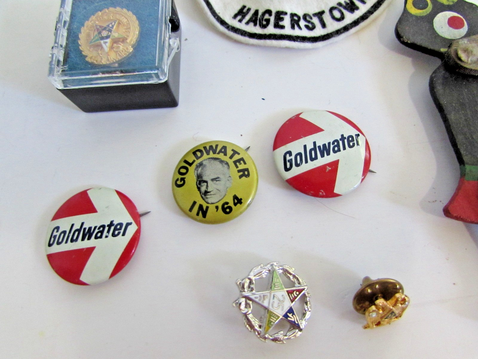 Junk Drawer Lot Goldwater Pins Masonic Detective Patch Chi Alpha Black Americana