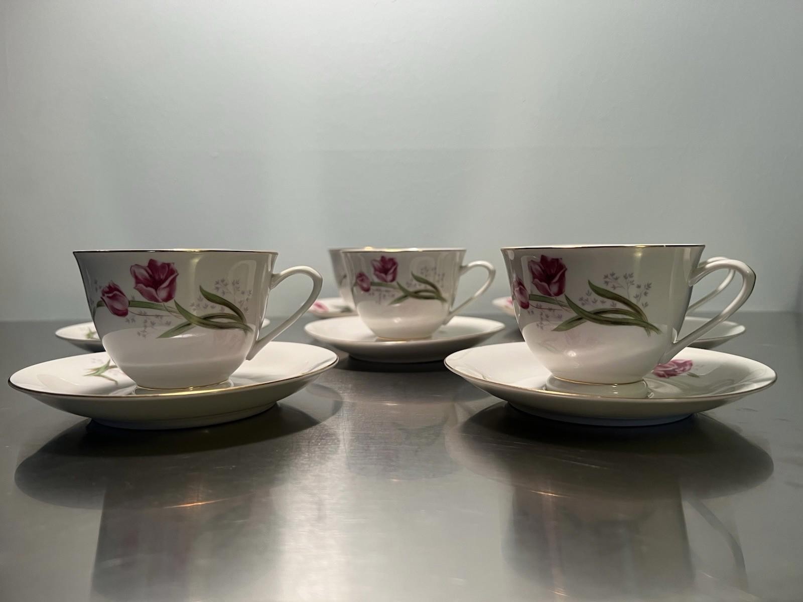 Vintage Bone China Teacups & Saucers Set/8 Pink Roses Tulips Gold Trim Chinese