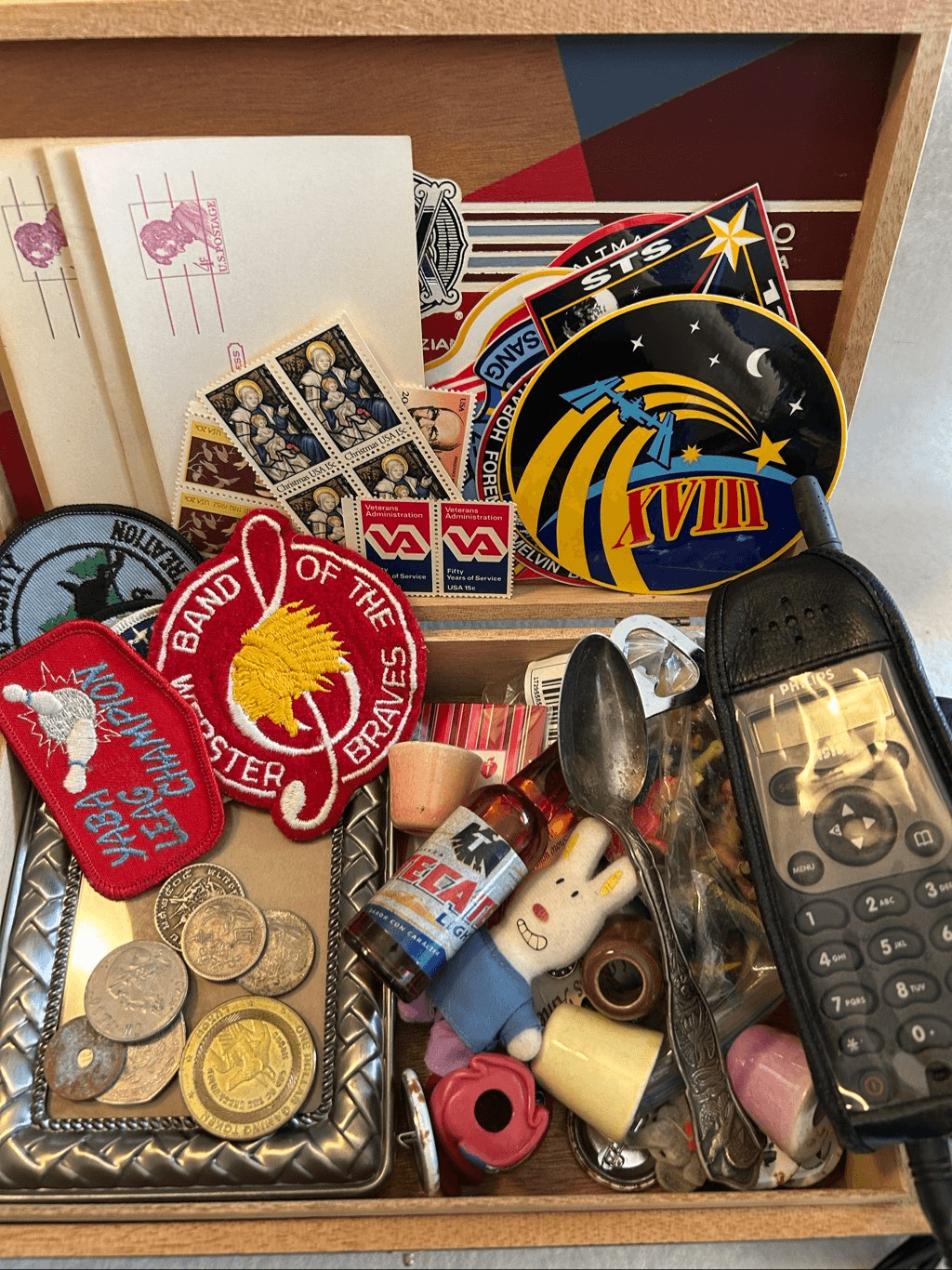 Grandpa’s Junk Drawer Lot Patches Coins Stamps Trinkets
