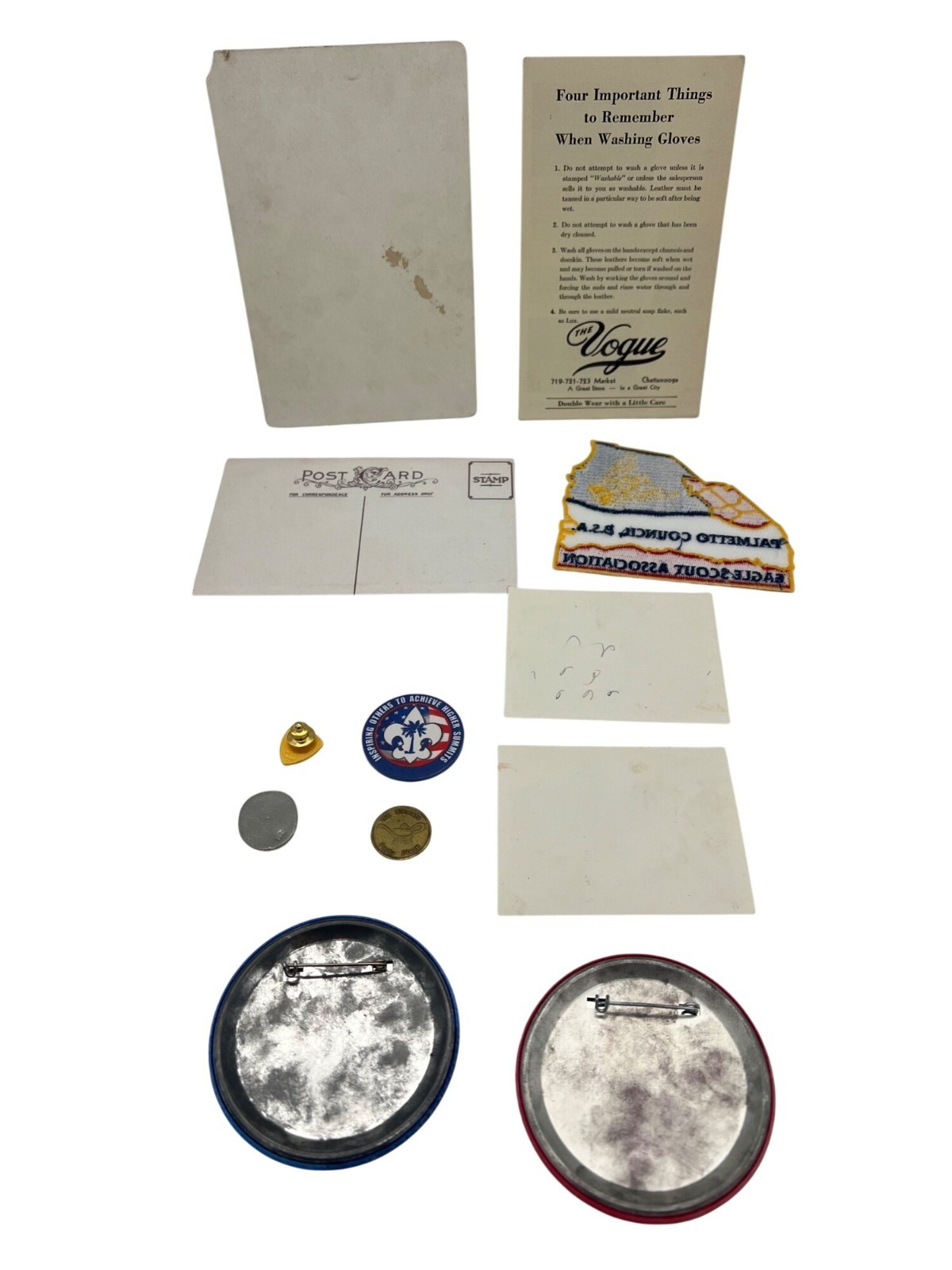 Vintage Junk Drawer Ephemera Lot Cabinet Card Postcard Disney BSA Pins Tokens