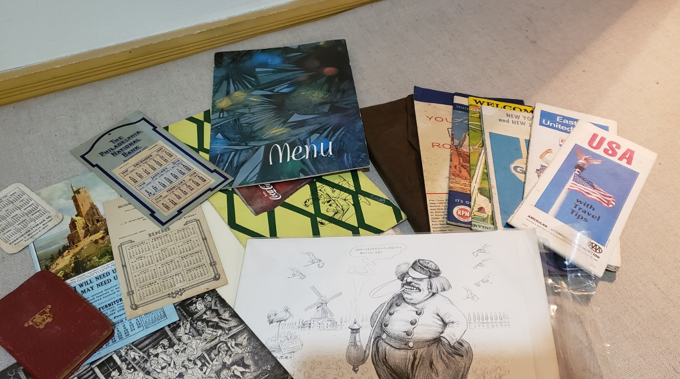 VINTAGE DESK DRAWER FINDS MAPS MENUS CALENDARS POLITICAL SATIRE SEE DESCRIPTION
