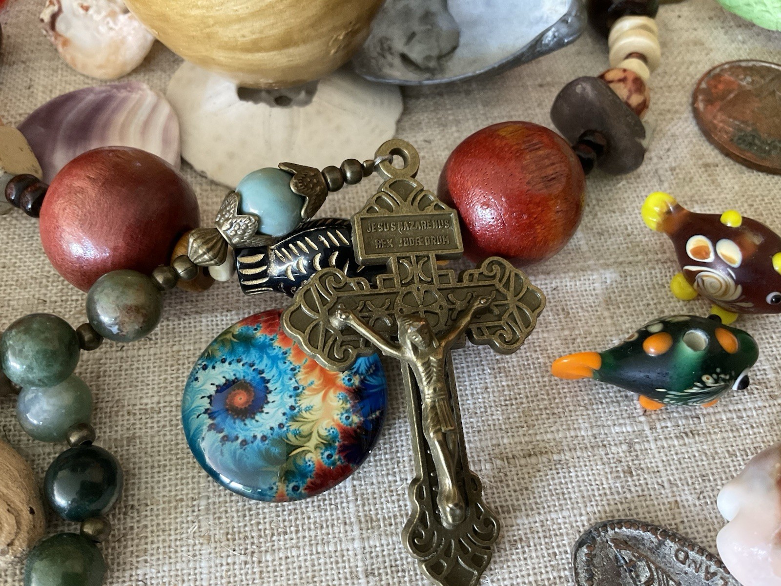 Vintage junk drawer LOT Island Caribbean Souvenirs Jewelry Doll stones coins