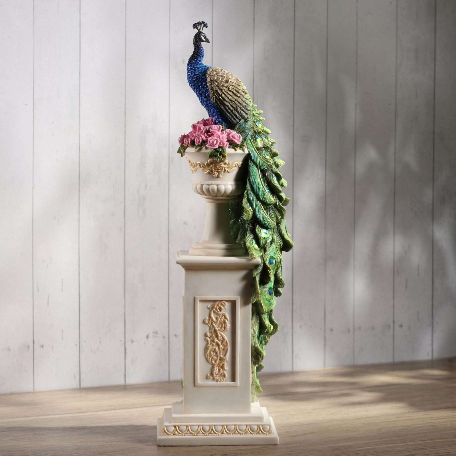 Veronese 13.625″ Peacock on Roman Column Resin Sculpture, Home Decor Collectible
