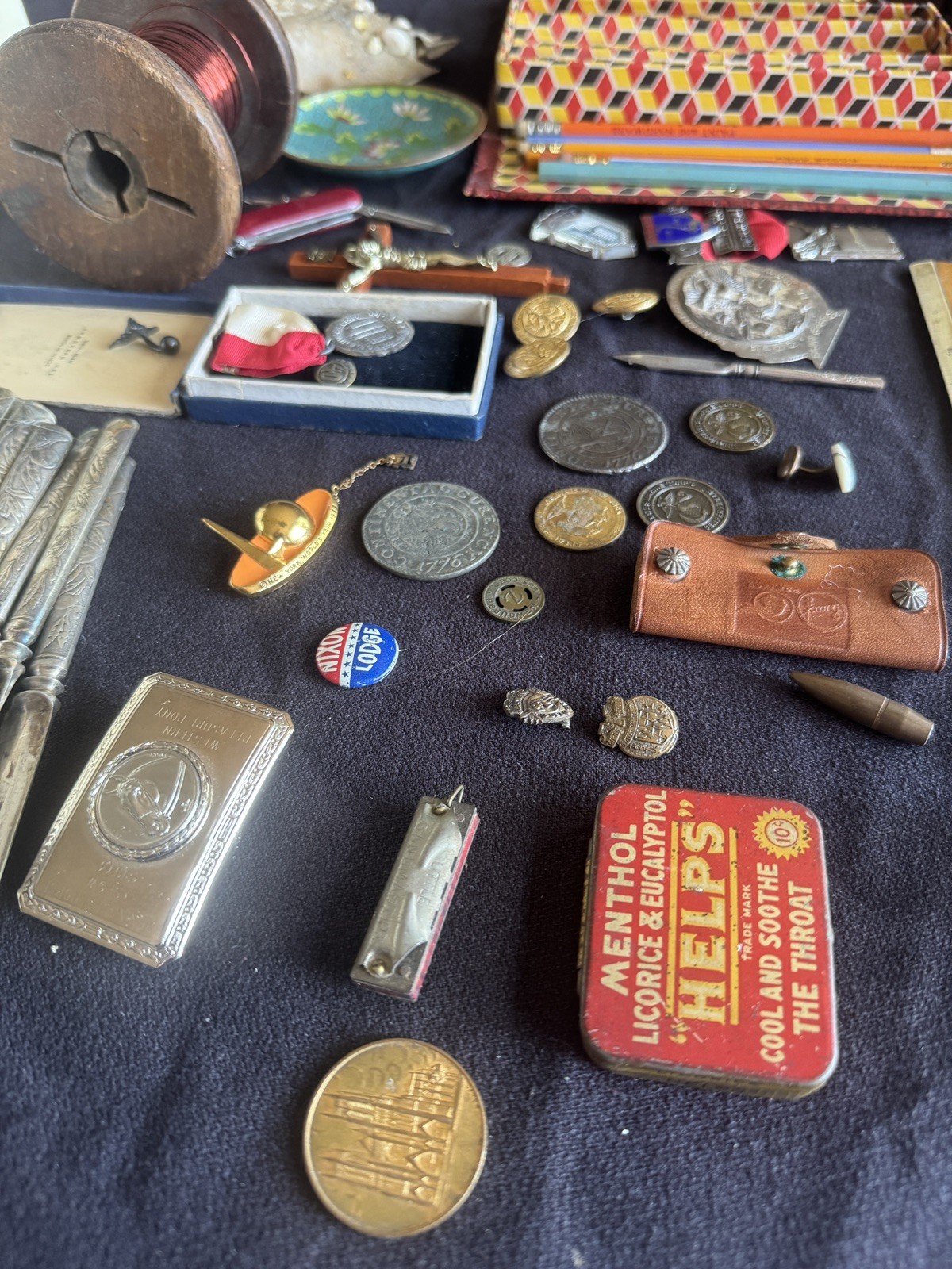 Mens Vintage Junk Drawer Advertising Pencils Worlds Fair Pin Tin Harmonica Coins