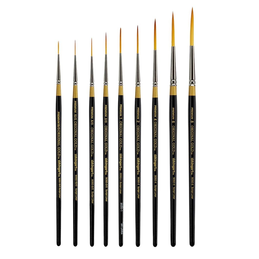 KINGART Gold 9050 Script Liner Brush Set 9 Piece Golden Taklon Artist Brushes