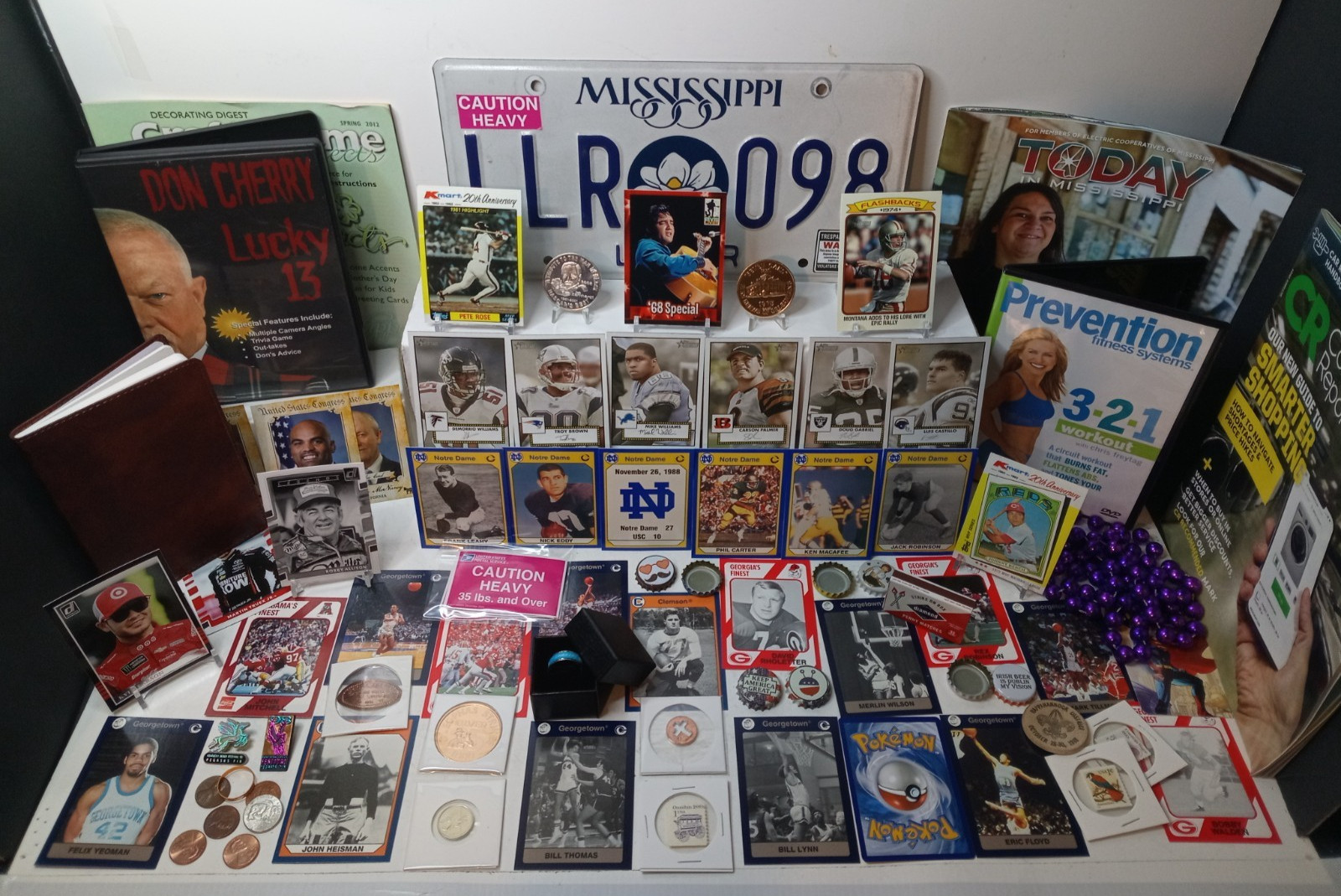 Junk Drawer Lot Sports Cards, Coins, Bottle Caps, Stamps, Tokens, Misc #64P