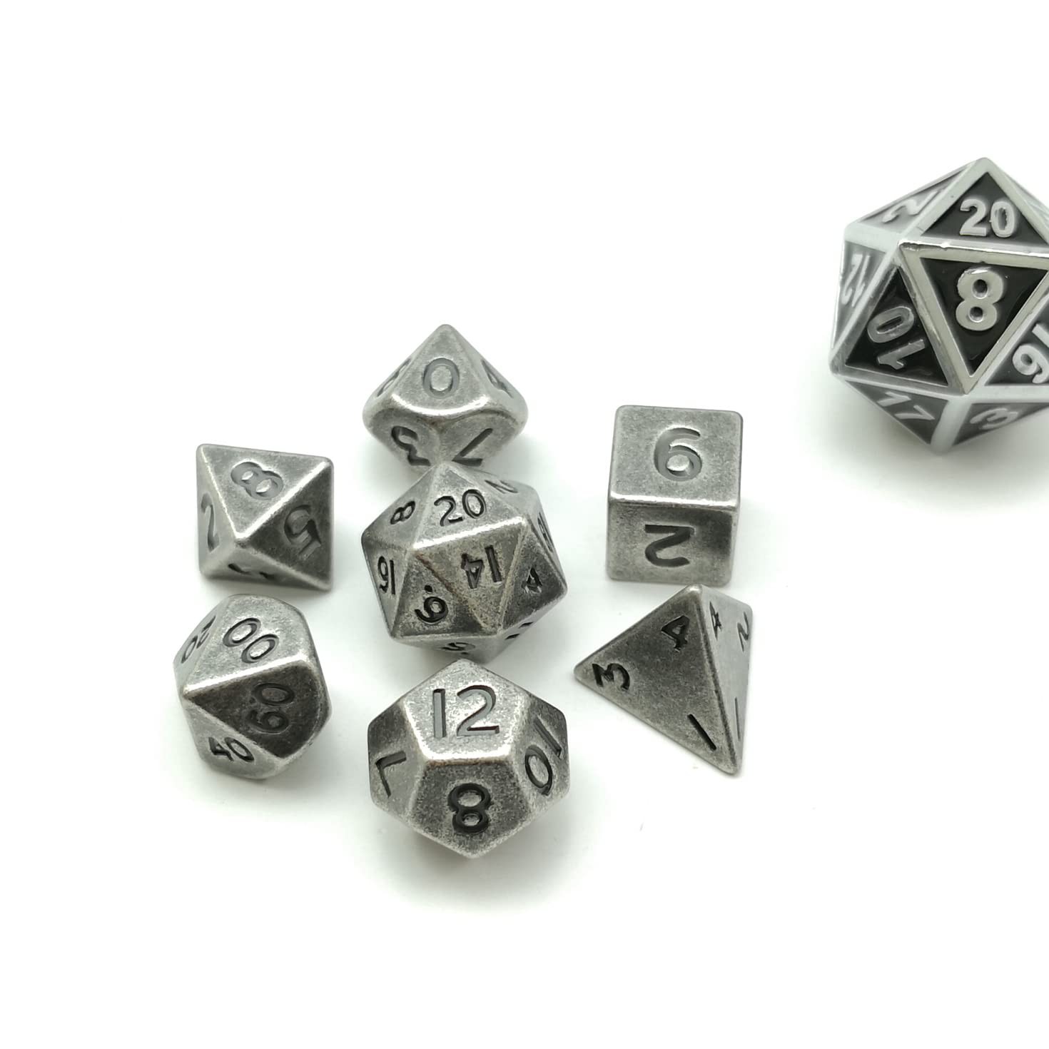 BESCON DICE Mini Solid Metal Old Nickle Plastic Black 10MM set of 7 Functional