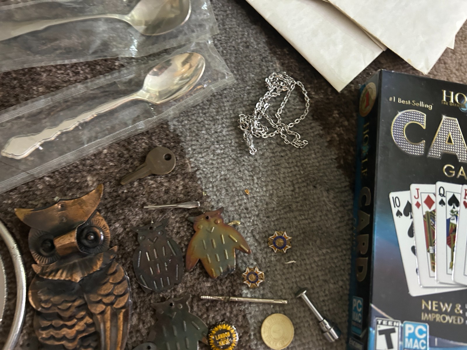Gramps vintage Junk Drawer Lot Religious JFK Button Owl Humidity Flatware Paper