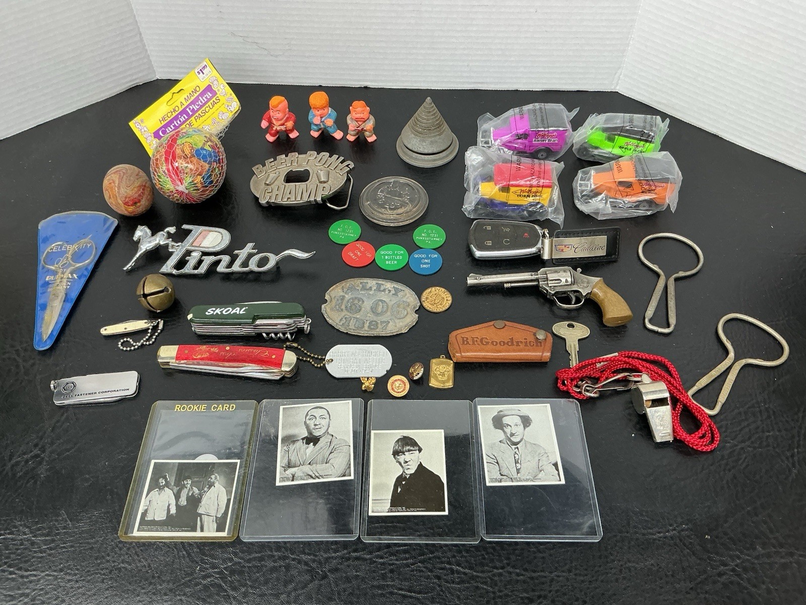 Vtg Junk Drawer Lot Zippo Knives Kellogg Trucks Bell Car Emblem Belt Buckle Eggs
