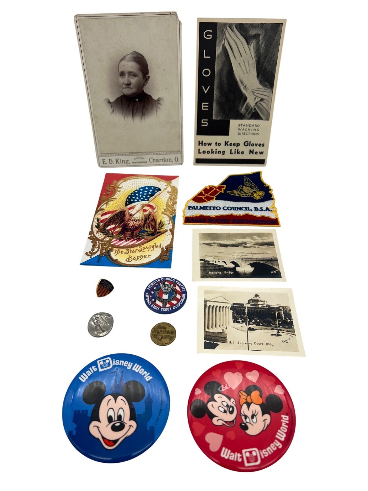 Vintage Junk Drawer Ephemera Lot Cabinet Card Postcard Disney BSA Pins Tokens