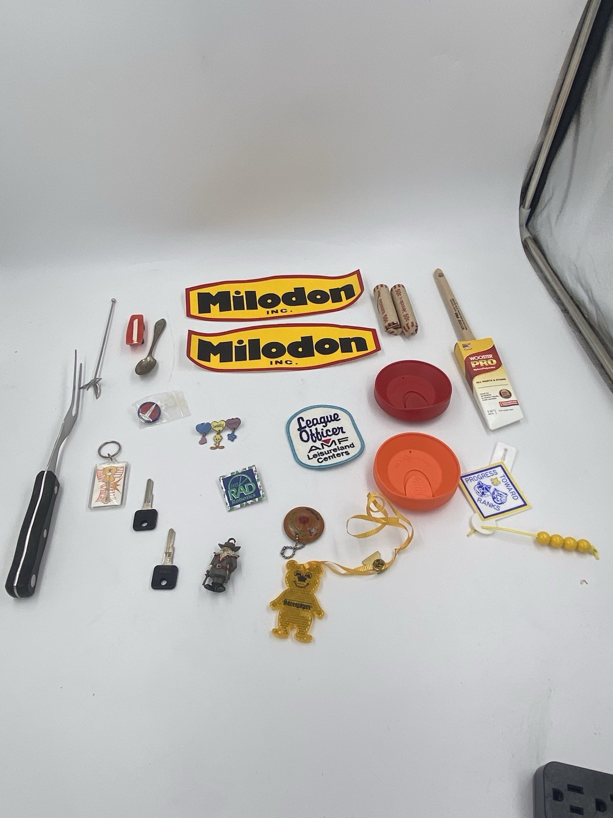 Junk Drawer Mixed Lot Stickers, Keyrings, Lids, Paint Brush, Rolled Pennies, Pin