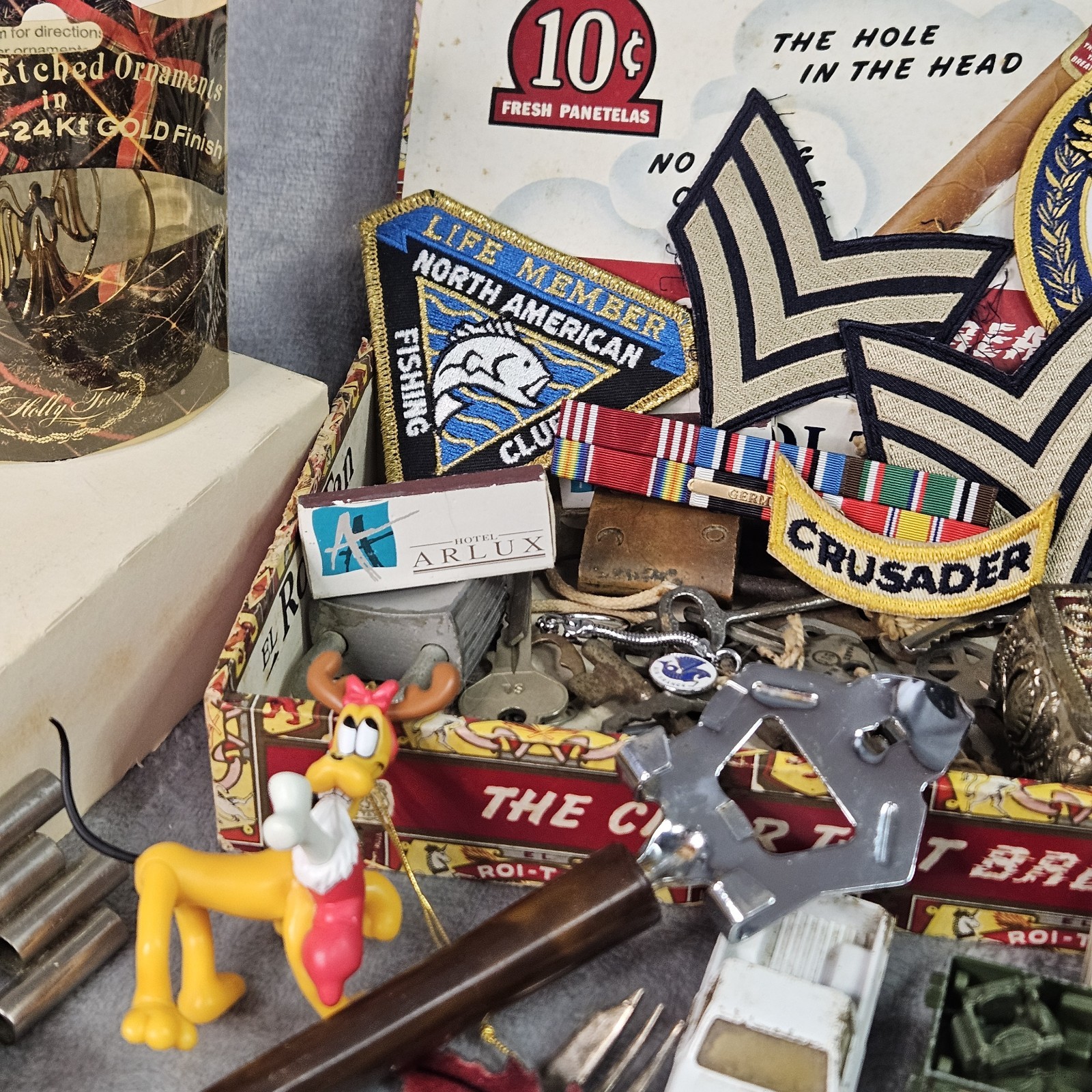 Huge VTG Junk Drawer Lot Skeleton Keys Cigar Box Bakelite Ertl Hammock Cars More