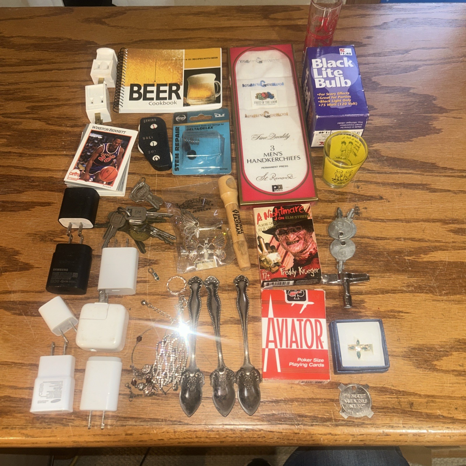 Vintage Junk Drawer Mixed Lot Stuff Jewelry Spoons Cards Umpire