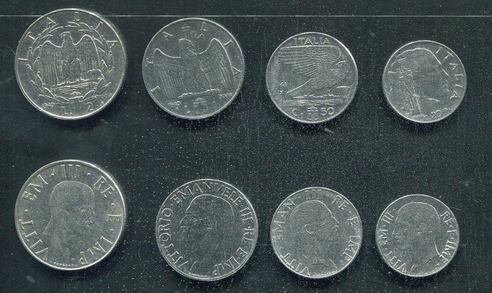Italy 1940′ set 4 coins ，20 50 Cent 1,2,Lira， XF+