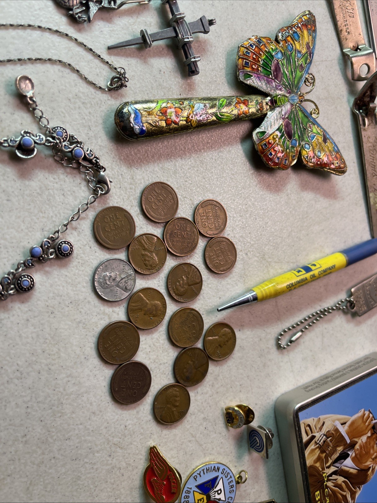 VINTAGE JUNK DRAWER LOT KNIVES, HARMONICA JEWELRY ADVERTISING SCOUTS WHEAT PENNY