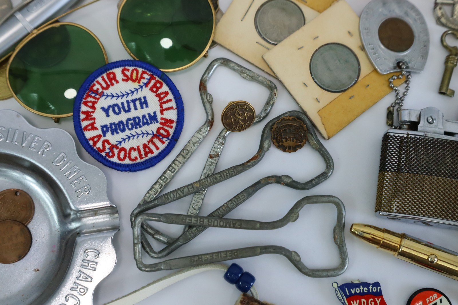 Vintage Junk Drawer Lot Estate Smalls Coins Lighters Knives Pens Ephemera Mixed