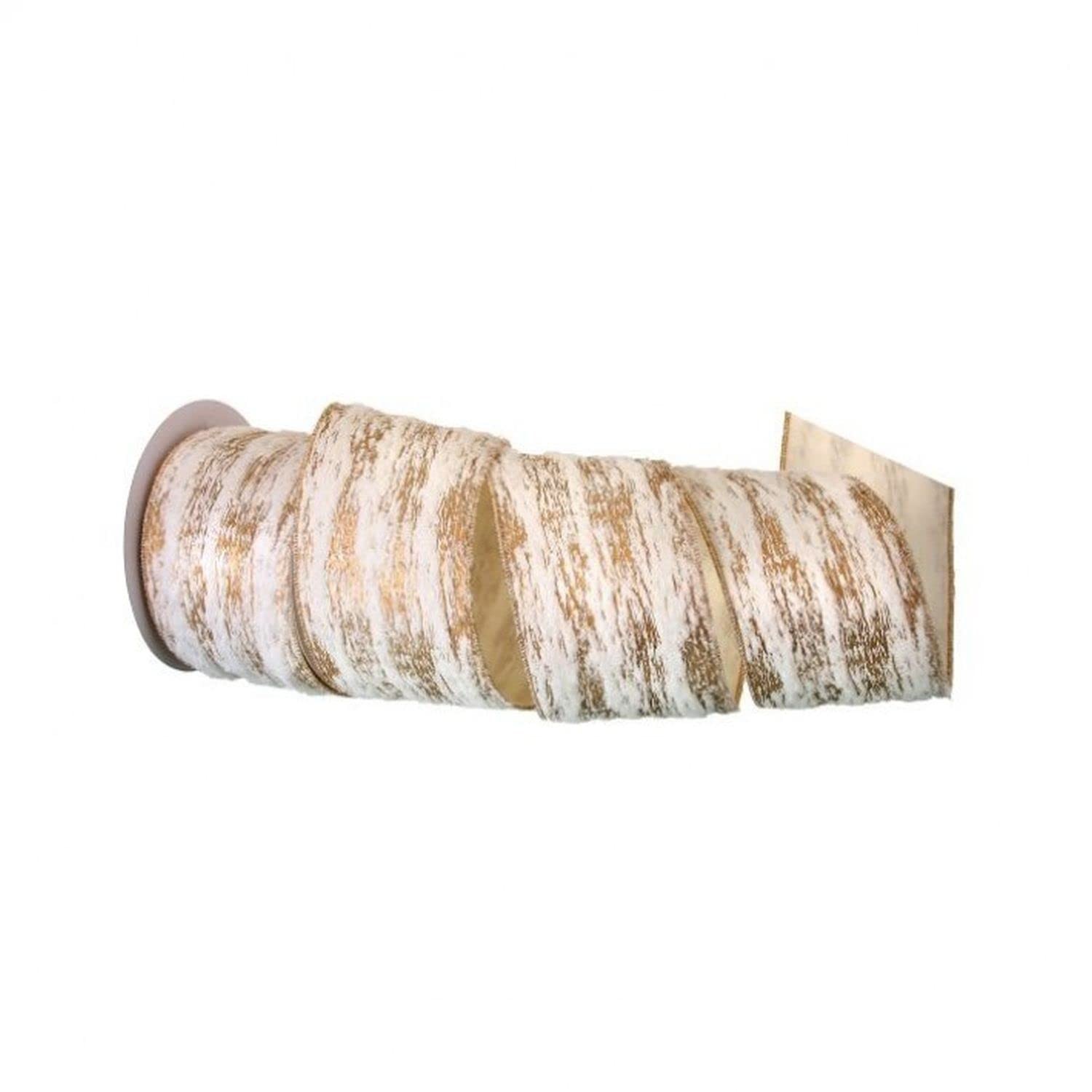Regency Faux Fur Birch Wired Ribbon 30ft Ivory Gold Holiday Decor