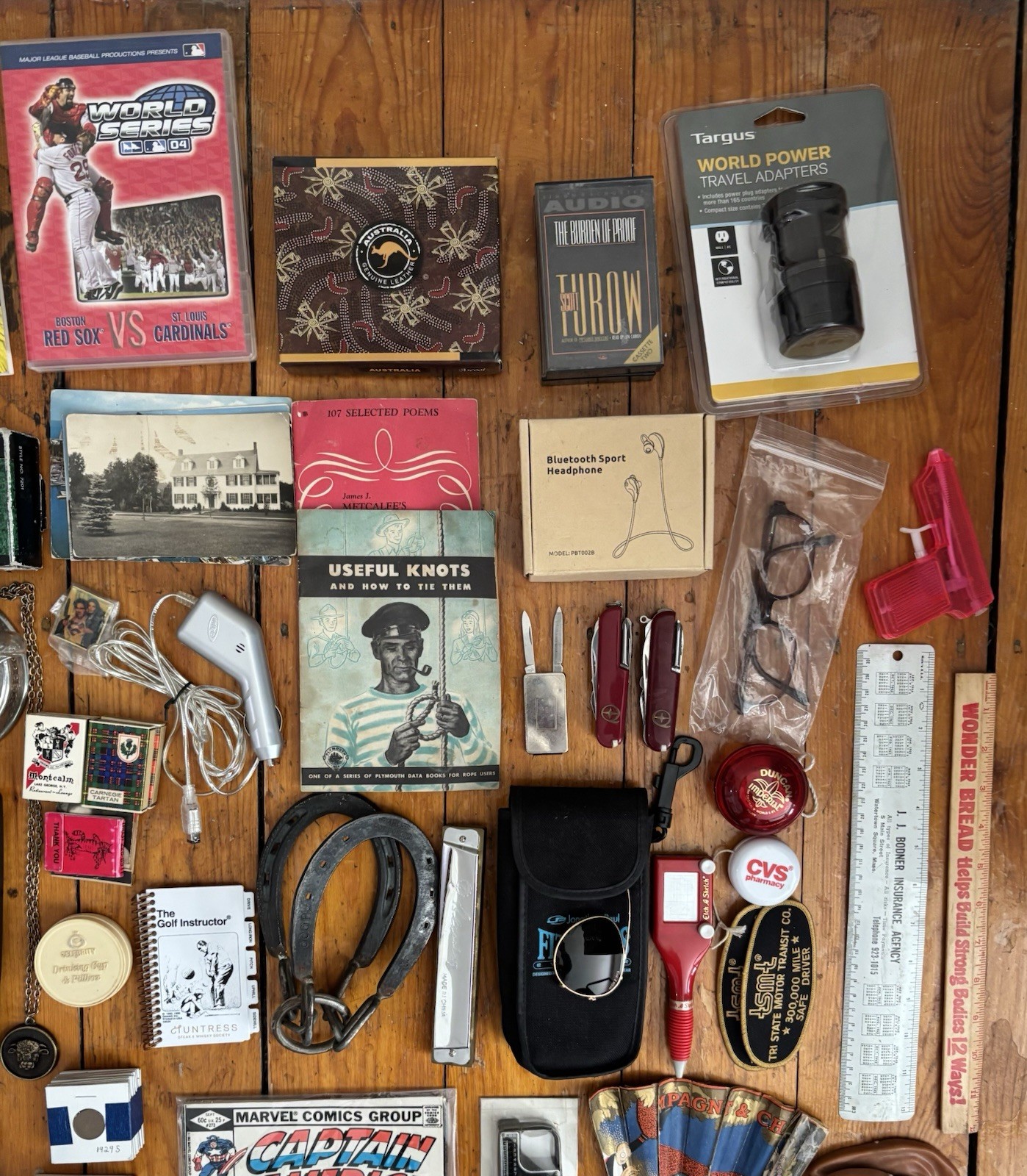 Vintage Junk Drawer Lot Collectibles Coins Cards Knives Calculator Stein & More