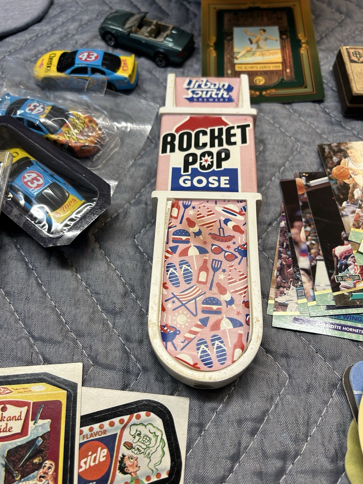 Junk Drawer Lot, Vintage Dominoes, Beer Bucket, Basketball cards, Brewery hat