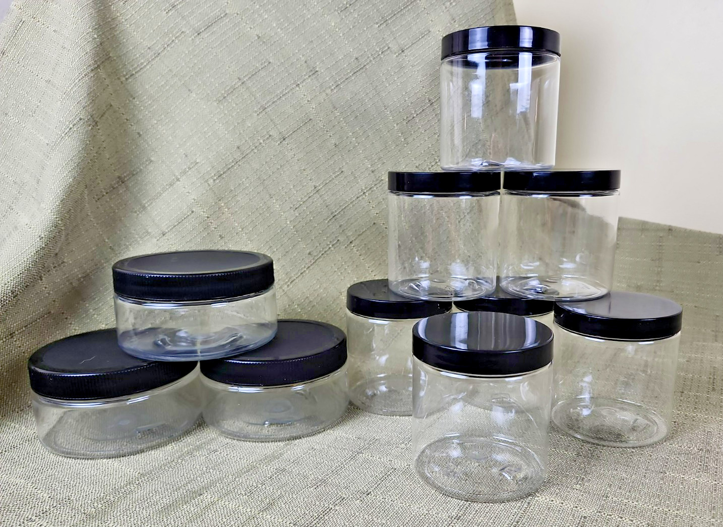 Junk Drawer Lot of 10 New Clear Plastic Containers with Black Lids, Two Sizes
