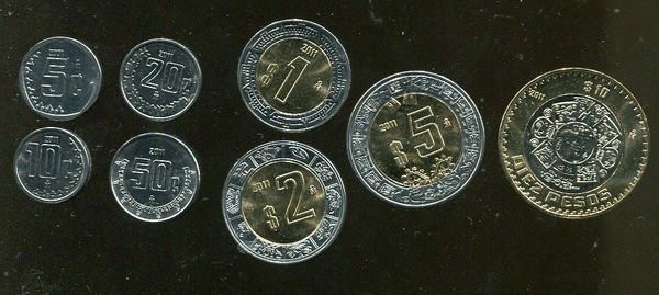 MEXICO 8 coins set ，5 10 20 50 Cents 1 2 5 10 Pesos UNC