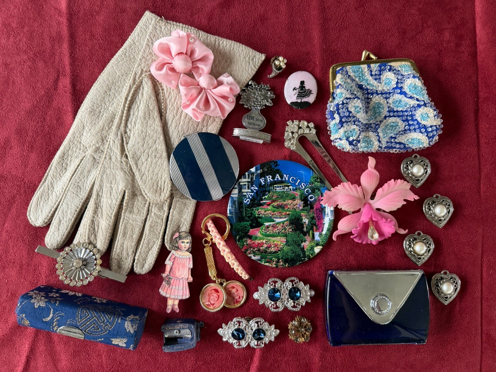Grandma VTG-Now Junk Drawer Estate Sale Trinket Lot-Cosmetics Gloves Brooch GM5