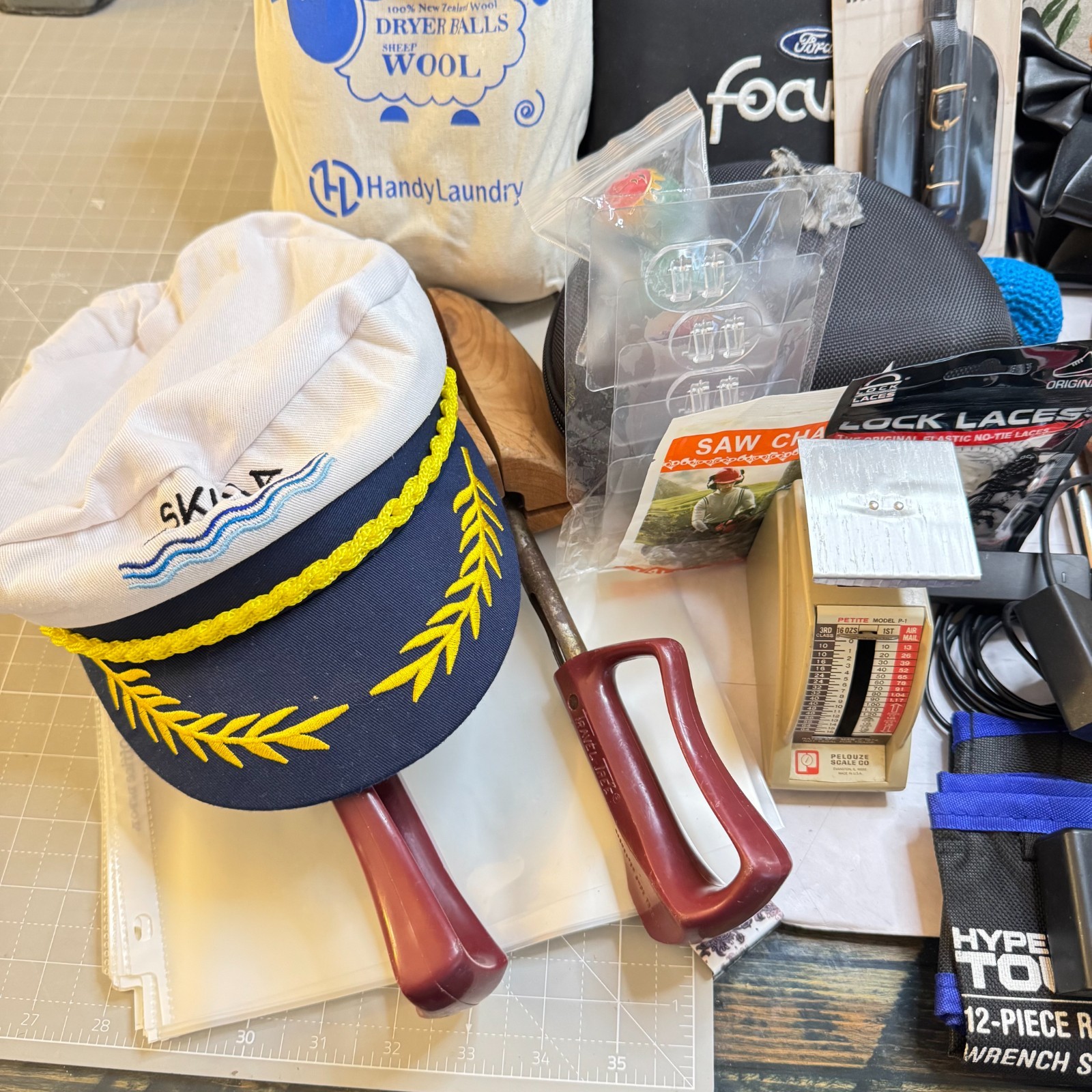 Junk Drawer Lot of 40+ Misc Items Vintage Tools Hat Scale Household Items Etc