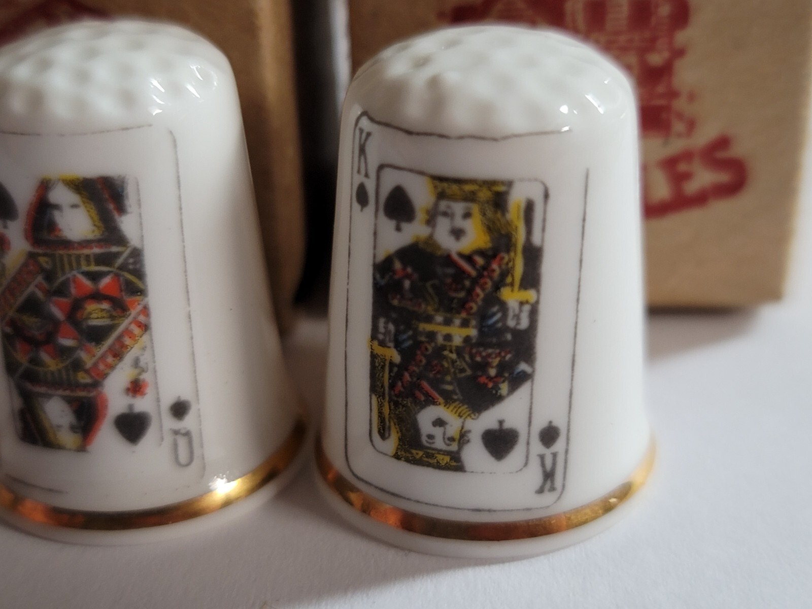 NEW SET OF 4 KING QUEEN JACK JOKER SPADES GIMBELS THIMBLES FINE BONE CHINA UK