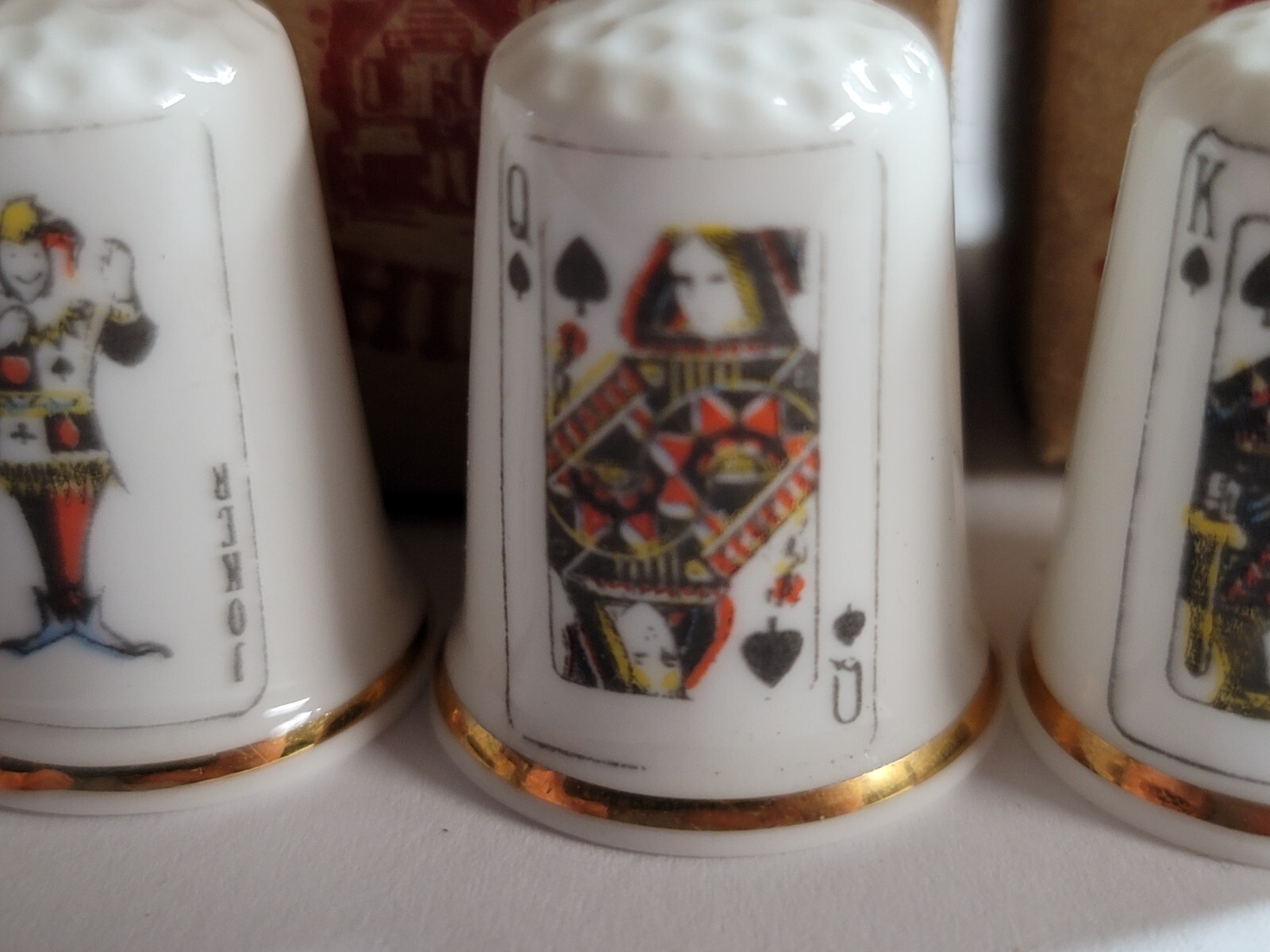 NEW SET OF 4 KING QUEEN JACK JOKER SPADES GIMBELS THIMBLES FINE BONE CHINA UK