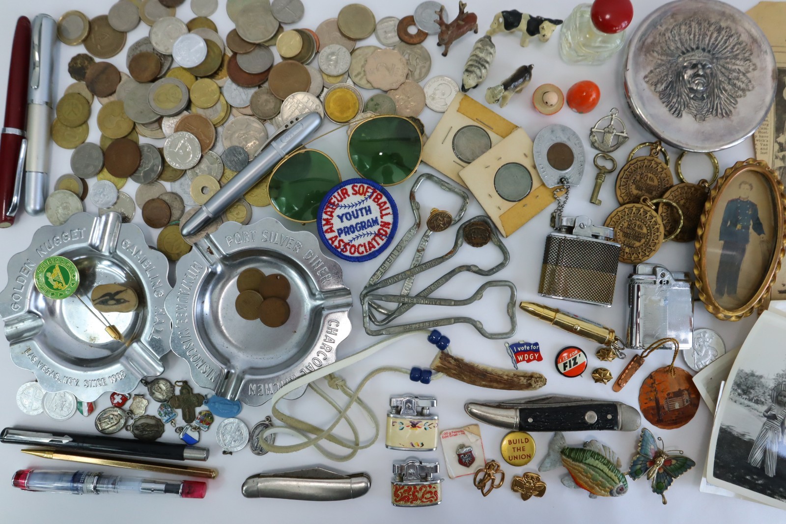Vintage Junk Drawer Lot Estate Smalls Coins Lighters Knives Pens Ephemera Mixed