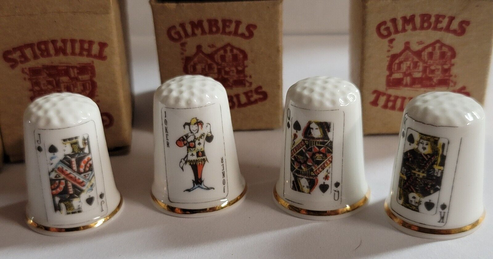 NEW SET OF 4 KING QUEEN JACK JOKER SPADES GIMBELS THIMBLES FINE BONE CHINA UK