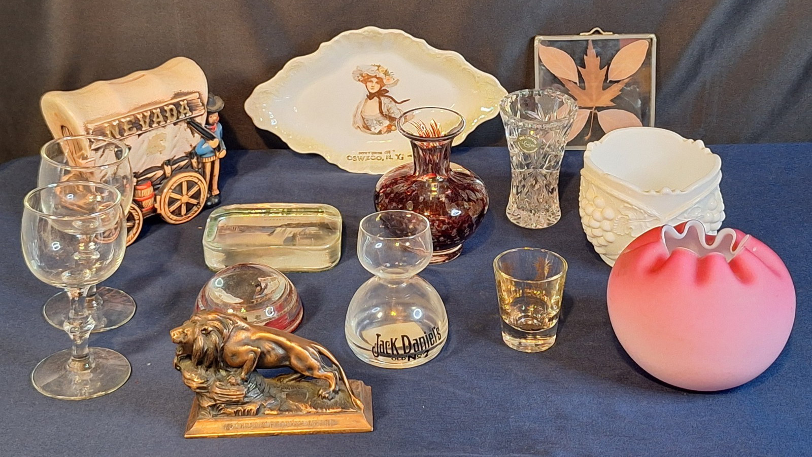 Lot of 14 VTG Ceramic Figurines, Amythyst Art Glass Vase, Lions Club, Bank (#4)