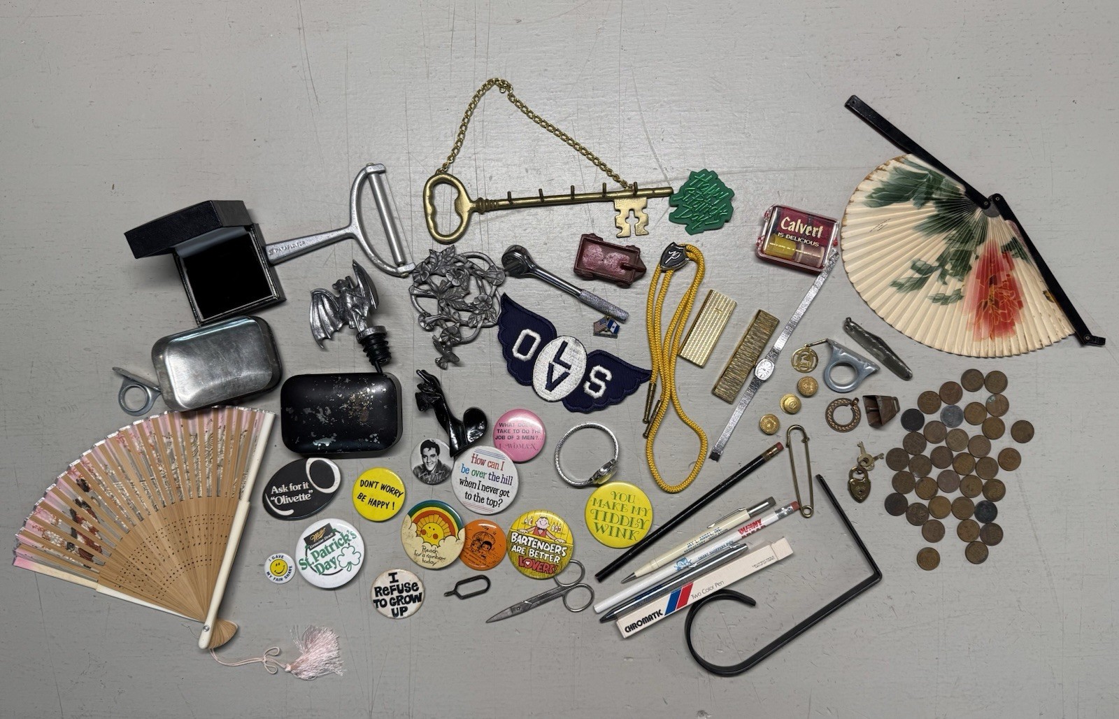 Vintage Estate Junk Drawer Lot #1 Coins, Pins, Pens & more