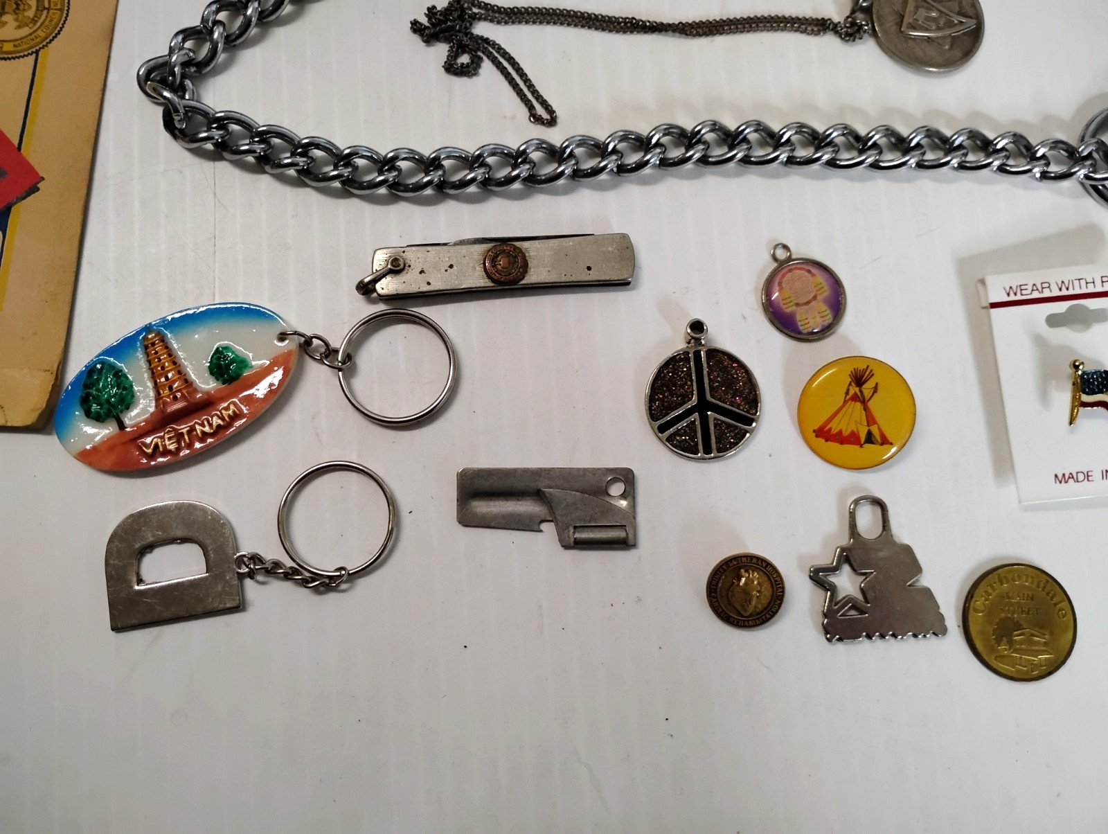 38 PC Vintage Junk Drawer Smalls Metal Pin Back Bell Clock Bank Token Zippo